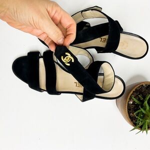 VINTAGE Chanel Black Suede Leather Strappy Heels With Turnlock Gold Buckle